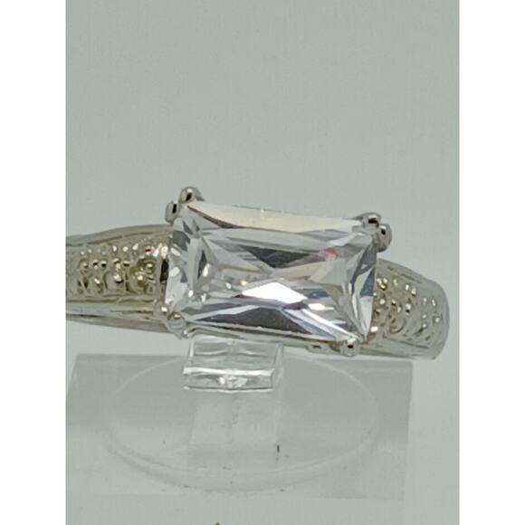 Vintage White Gold Plated CZ Engagement Ring 3.0 Carat Radiant Cut Stone Size 9 - Picture 1 of 10